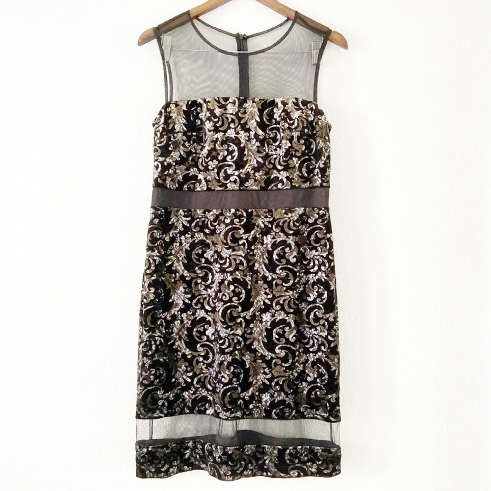 Scarlett Velvet Mesh Panel Metallic Filigree Dress Holiday Size 10 Glamorous